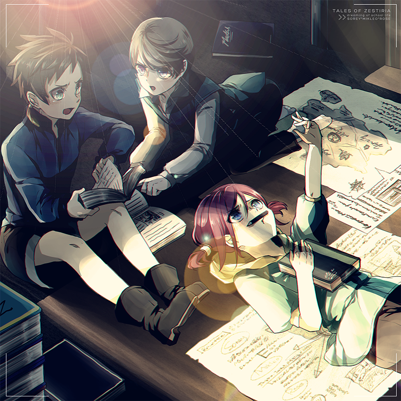 1girl 2boys all_fours arm_up black_pants black_shorts blue_eyes blue_shirt book brown_hair character_name copyright_name dress_shirt grey_shirt hair_between_eyes indoors lens_flare long_sleeves lying mikleo_(tales) monicanc multiple_boys on_back open_book pants red_hair rose_(tales) shirt short_hair short_sleeves short_twintails shorts sitting sorey_(tales) sunlight tales_of_(series) tales_of_zestiria twintails younger
