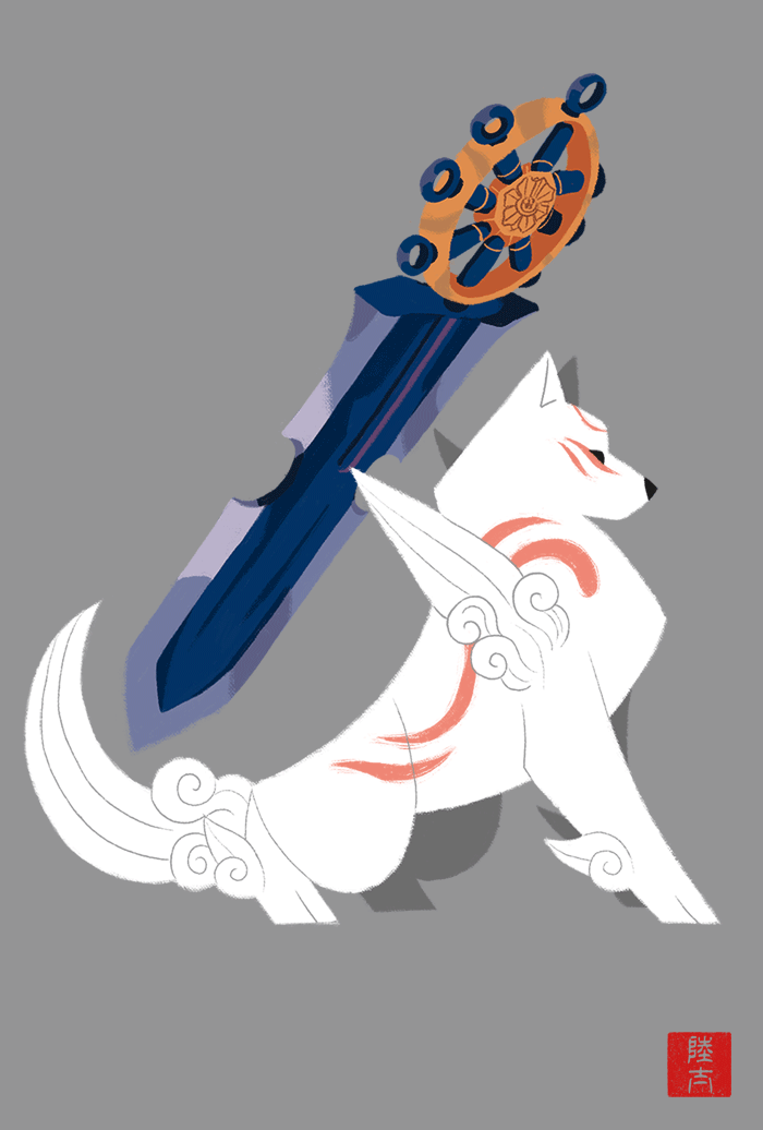 amaterasu black_eyes black_nose canid canine canis capcom deity eye_markings facial_markings feral fur grey_background head_markings leg_tuft mammal markings melee_weapon red_markings rikuta_tp side_view simple_background solo standing sword tuft video_games weapon white_body white_fur wolf ōkami