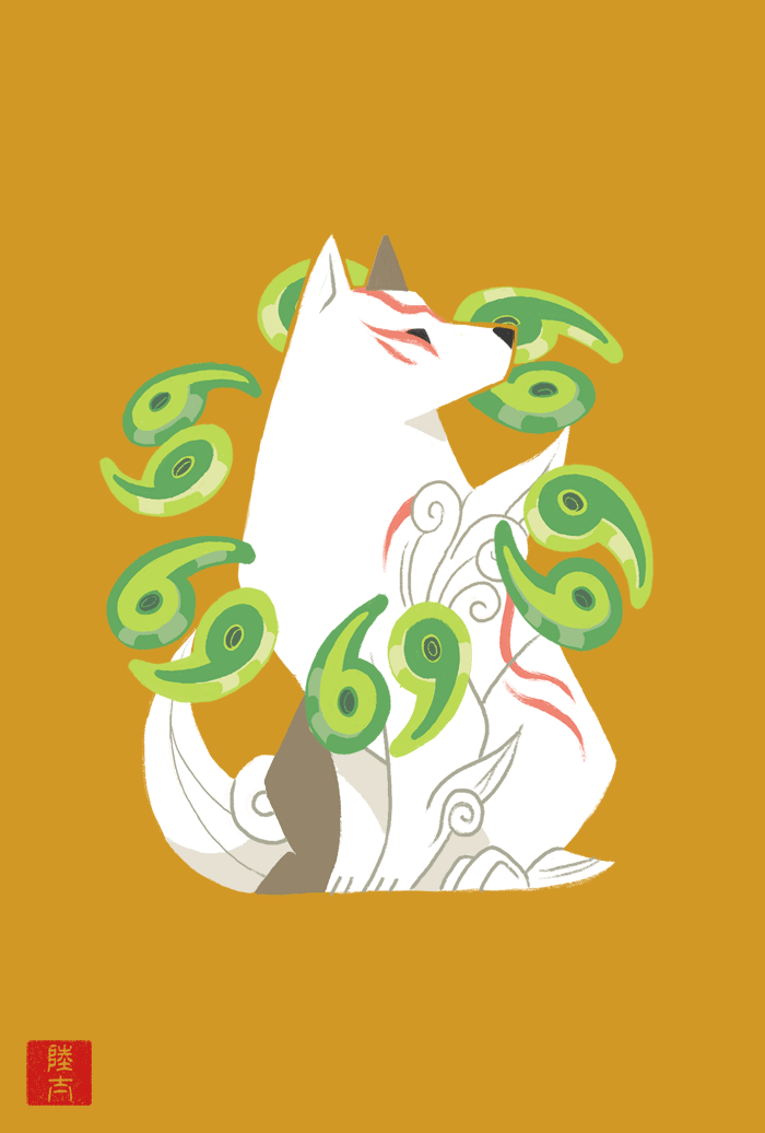 amaterasu black_eyes canid canine canis capcom deity eye_markings facial_markings feral fur head_markings leg_tuft mammal markings red_markings rikuta_tp simple_background sitting solo tuft video_games white_body white_fur wolf yellow_background ōkami