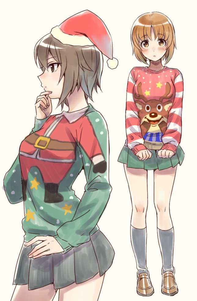 2girls :o bangs black_legwear black_skirt brown_eyes brown_footwear brown_hair chin_grab christmas_sweater commentary from_side girls_und_panzer green_skirt green_sweater hat light_blush loafers looking_at_viewer miniskirt multiple_girls nishizumi_maho nishizumi_miho pleated_skirt print_sweater red_headwear red_sweater santa_hat shoes short_hair siblings simple_background sisters skirt socks standing sweater totonii_(totogoya) white_background