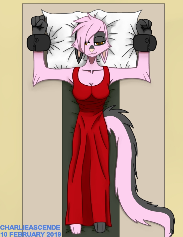 anthro bdsm bed bedroom_eyes breasts charlieascende cleavage clothed clothing dreamkeepers dress female fur furniture hair lying mammal narrowed_eyes on_back pillow pink_body pink_fur pink_hair seductive solo viriathus