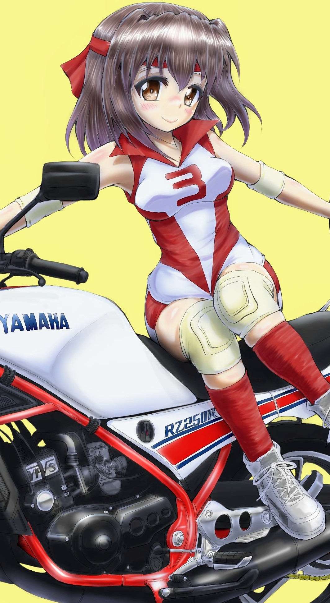 1girl bangs brown_eyes brown_hair closed_mouth commentary cross-laced_footwear daxz240r elbow_pads girls_und_panzer ground_vehicle headband highres knee_pads kondou_taeko leaning_to_the_side logo looking_at_viewer medium_hair motor_vehicle motorcycle on_vehicle red_headband red_legwear red_shirt red_shorts shirt shoes short_shorts shorts simple_background sitting sleeveless sleeveless_shirt smile sneakers socks solo sportswear volleyball_uniform white_footwear yamaha yamaha_rz250 yellow_background