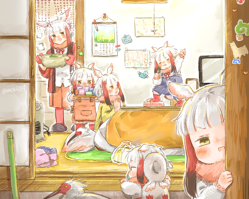 6+girls :d =_= animal apron bangs bird blunt_bangs blush brown_hair calendar_(object) child child_drawing commentary fur_collar head_wings indoors japanese_crested_ibis japanese_crested_ibis_(kemono_friends) japari_symbol kemono_friends kotatsu long_hair looking_at_another looking_at_viewer microphone mittens moeki_(moeki0329) multiple_girls multiple_persona on_table open_mouth peeking_out red_hair smile table tail television tissue_box toddler twitter_username white_hair yellow_eyes younger
