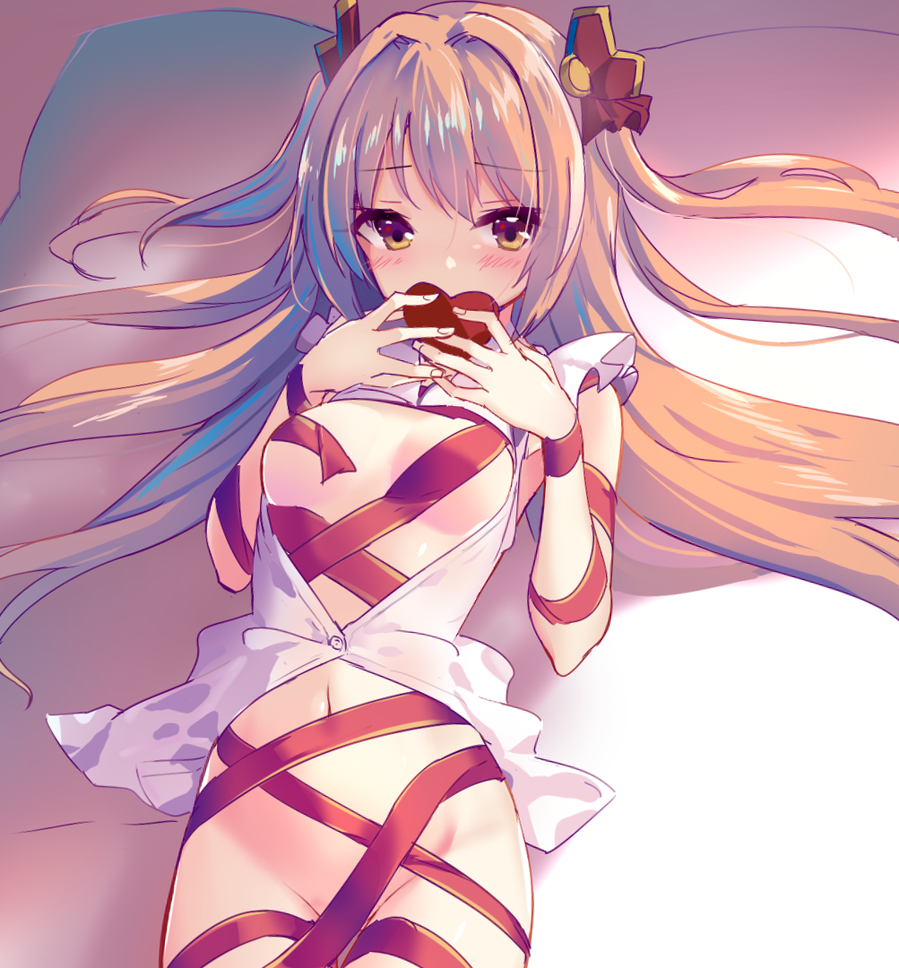 1girl bangs blush breasts brown_eyes brown_hair eyebrows_visible_through_hair groin hair_ribbon holding holding_heart long_hair looking_at_viewer lying navel no_bra no_panties on_back on_bed open_clothes open_shirt princess_connect! princess_connect!_re:dive red_ribbon ribbon sakurai_nozomi_(princess_connect) shirt sleeveless sleeveless_shirt small_breasts solo tenrai unbuttoned unbuttoned_shirt very_long_hair white_shirt