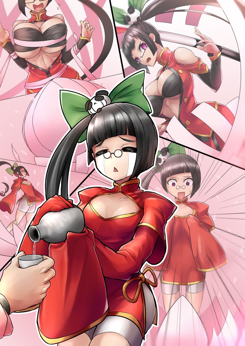 1girl age_regression alcohol bandeau bangs bare_shoulders black_hair blazblue bound bow breasts china_dress chinese_clothes collarbone cowboy_shot crying dress hair_bow lao_jiu large_breasts litchi_faye_ling long_hair multiple_views open_mouth pouring purple_eyes restrained ribbon ribbon_bondage sake semi-rimless_eyewear side_ponytail sleeves_past_wrists sowel_(sk3) streaming_tears surprised tears triangle_mouth under-rim_eyewear very_long_hair younger