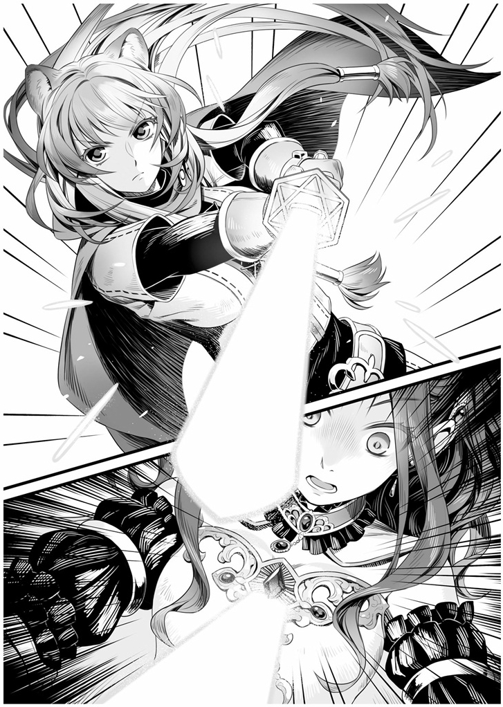 2girls animal_ears bangs belt belt_buckle breasts buckle cape cleavage detached_sleeves dutch_angle eyebrows_visible_through_hair floating_hair frown gloves hair_tubes holding holding_sword holding_weapon long_hair long_sleeves looking_at_viewer malty_s_melromarc medium_breasts minami_seira multiple_girls novel_illustration official_art raccoon_ears raphtalia shiny shiny_hair split_screen sword tate_no_yuusha_no_nariagari upper_body v-shaped_eyebrows very_long_hair weapon