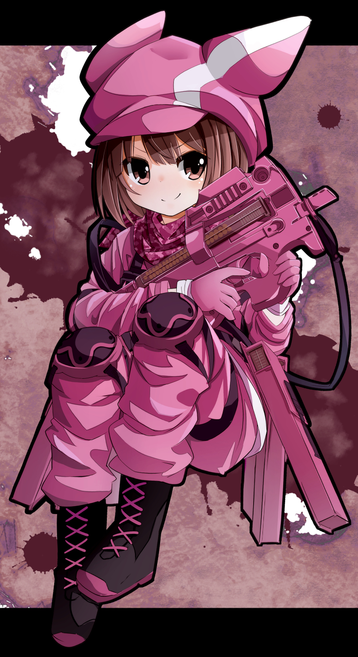 1girl animal_hat bandana bangs black_footwear boots brown_background brown_eyes brown_hair bullet_line bullpup bunny_hat commentary_request cross-laced_footwear eyebrows_visible_through_hair full_body gloves gun hat highres holding holding_gun holding_weapon jacket knee_pads lace-up_boots letterboxed llenn_(sao) long_sleeves looking_to_the_side p-chan_(p-90) p90 pants pink_bandana pink_gloves pink_headwear pink_jacket pink_pants shiro_(kiron) short_hair sidelocks smile solo submachine_gun sword_art_online sword_art_online_alternative:_gun_gale_online trigger_discipline weapon