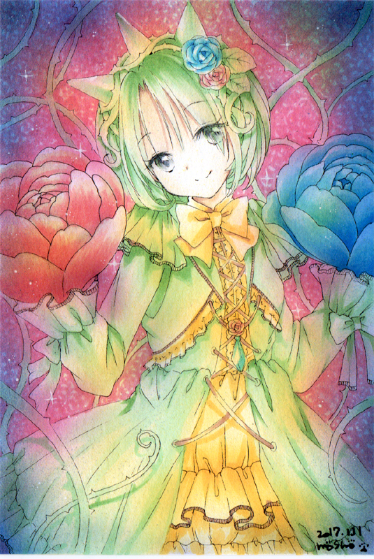 1girl blue_flower blue_rose commentary_request dated dress flower gen_3_pokemon green_dress green_hair grey_eyes hair_flower hair_ornament looking_at_viewer mosho personification pink_background pokemon red_flower red_rose rose roselia short_hair signature smile solo traditional_media