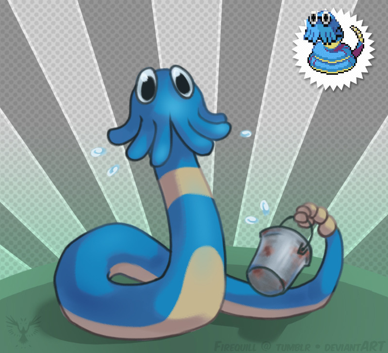 black_eyes bucket commentary creature ekans english_commentary firequill fusion grey_background no_humans omanyte pokemon pokemon_(creature) polka_dot polka_dot_background solo striped striped_background vertical-striped_background vertical_stripes