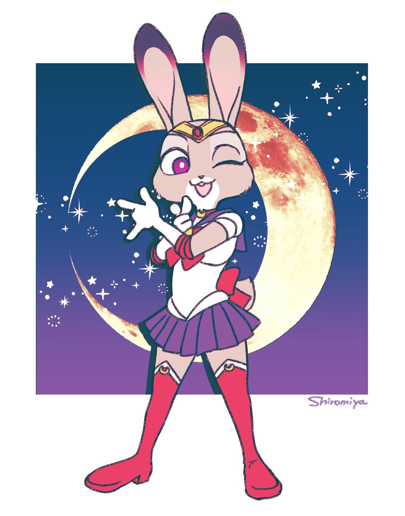 2019 clothed clothing cosplay costume crossover crossover_cosplay dipstick_ears disney fully_clothed hi_res judy_hopps lagomorph leporid mammal moon multicolored_ears one_eye_closed open_mouth open_smile purple_eyes rabbit sailor_moon_(series) smile srmy_nkjd7 standing star wink zootopia