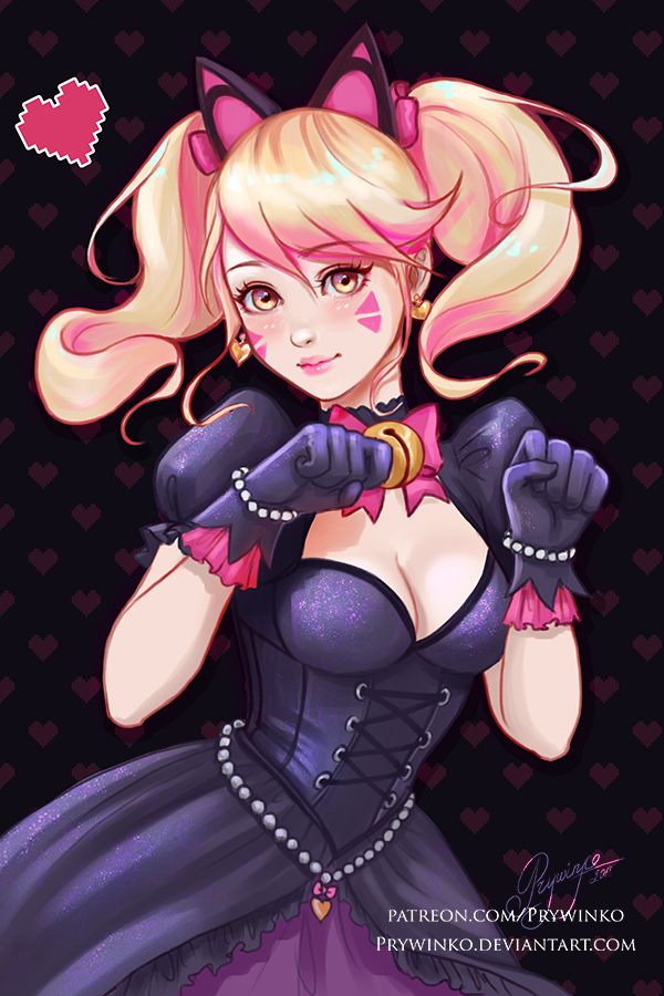 1girl alternate_costume animal_ears black_cat_d.va black_dress black_gloves blonde_hair breasts cat_ears cleavage closed_mouth commentary d.va_(overwatch) dress earrings facepaint facial_mark gloves heart heart_earrings jewelry lolita_fashion looking_at_viewer olga_narhova overwatch puffy_sleeves solo twintails