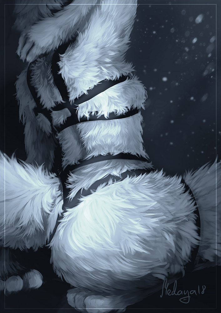 2018 ambiguous_species anthro bondage_gear fluffy fluffy_tail fur grey_background harness light lighting medaya simple_background solo three-quarter_view white_body white_fur