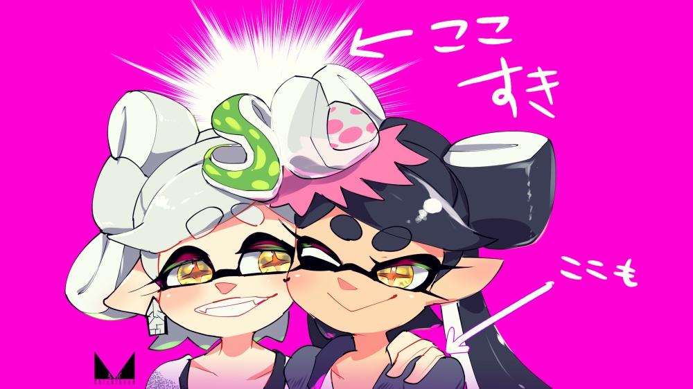 +_+ 2girls ;) aori_(splatoon) artist_logo brown_eyes casual cheek-to-cheek chichi_band closed_mouth commentary cousins domino_mask earrings eyebrows_visible_through_hair food food_on_head grin hand_on_another's_shoulder hotaru_(splatoon) jewelry long_hair looking_at_another mask mole mole_under_eye multiple_girls object_on_head one_eye_closed pointy_ears purple_background sharp_teeth short_hair side-by-side silver_hair simple_background smile splatoon_(series) splatoon_2 sushi teeth tentacle_hair translated