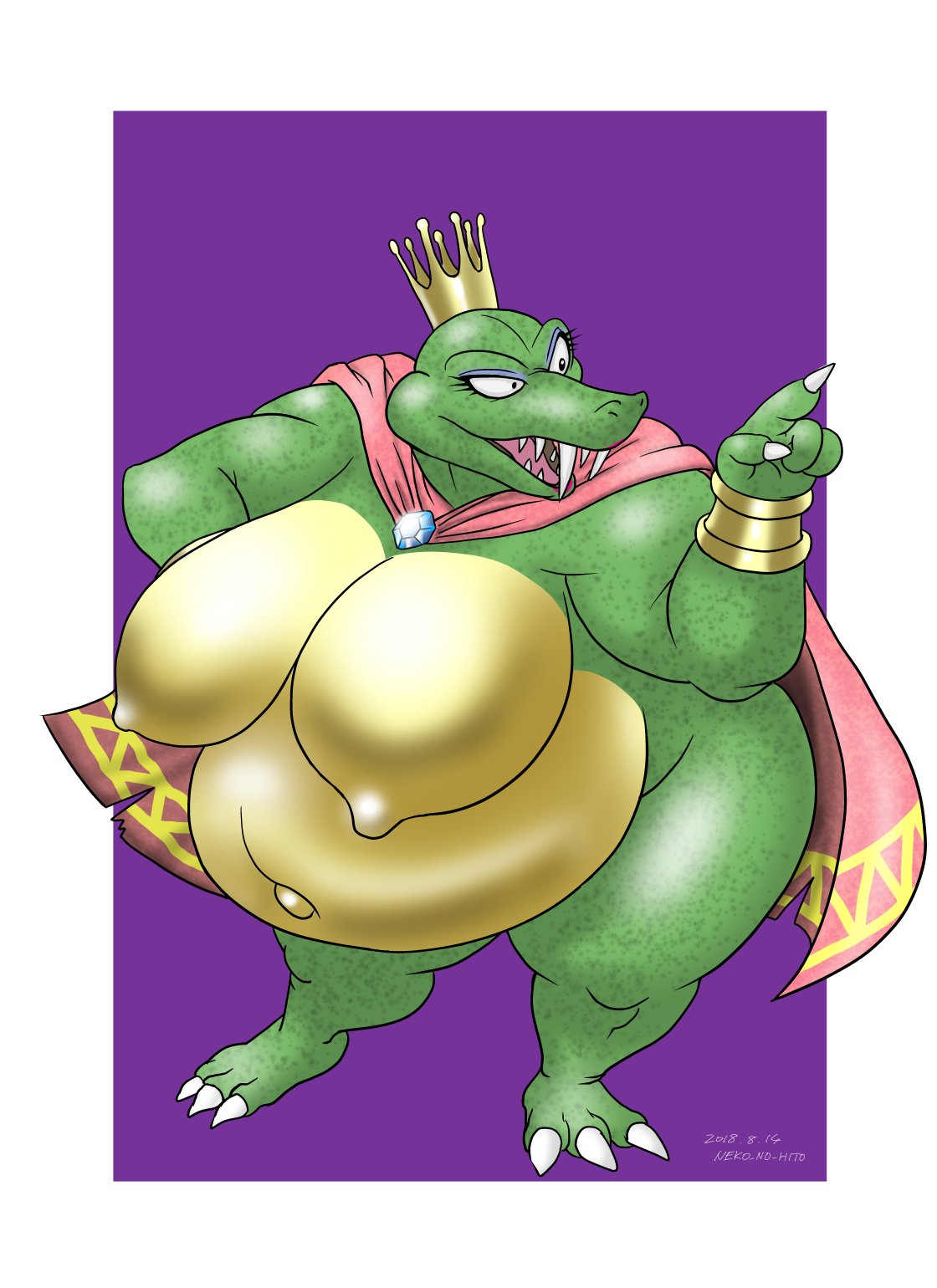 anthro belly better_version_at_source big_belly breasts crocodile crocodilian crocodylid crossgender donkey_kong_(series) female hi_res king_k._rool lipstick makeup neko_no_hito nintendo nipples overweight overweight_female reptile scalie solo super_smash_bros. video_games