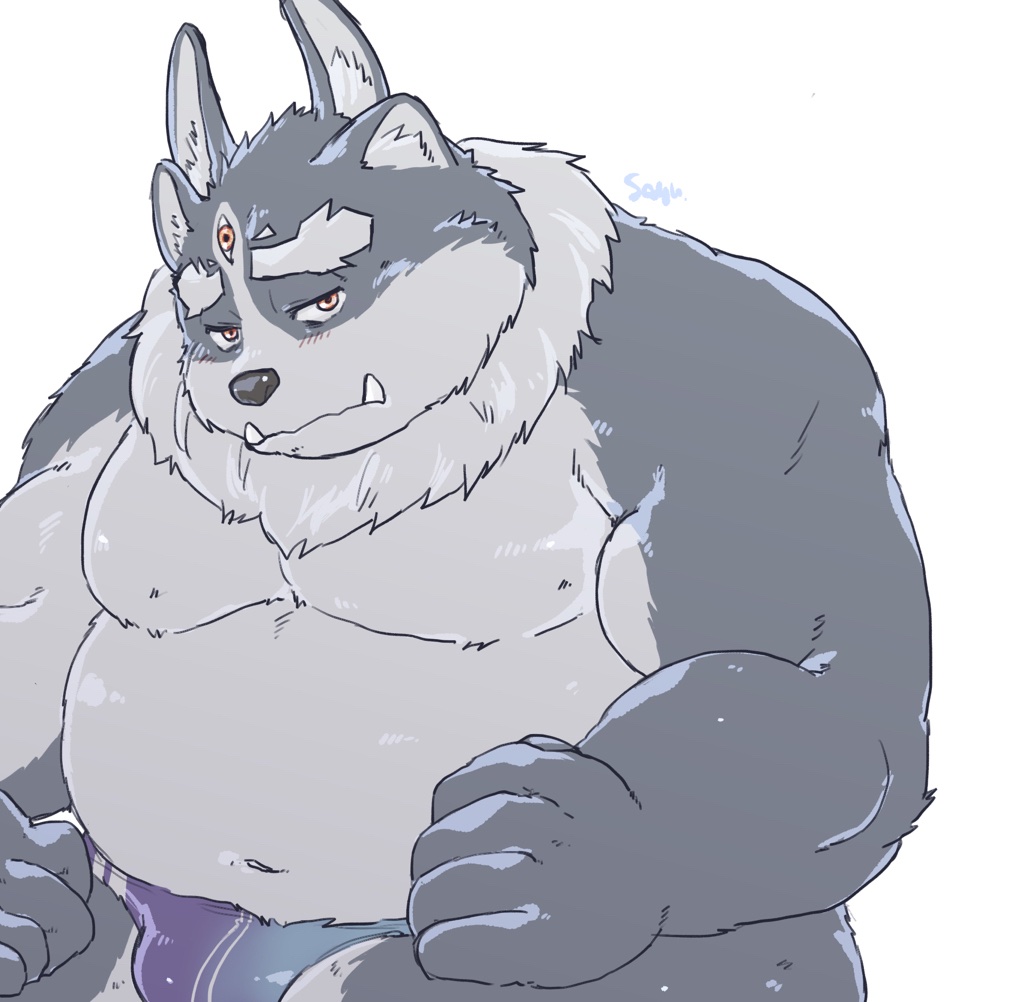2020 anthro belly blush bulge cddi_h clothing cute_fangs humanoid_hands male moobs navel overweight overweight_male simple_background solo tokyo_afterschool_summoners tsathoggua underwear video_games white_background