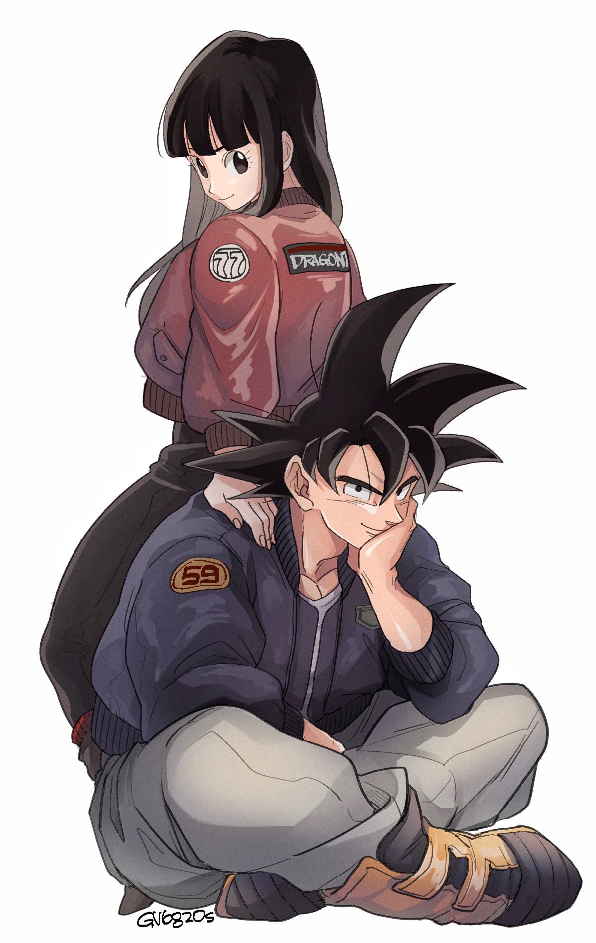 1boy 1girl alternate_costume arm_rest baggy_pants bangs black_eyes black_hair black_legwear blunt_bangs boots breast_pocket chi-chi_(dragon_ball) clothes_writing collarbone commentary_request couple dragon_ball dragon_ball_z eyelashes full_body grey_footwear grey_pants grin hair_down hand_on_another's_shoulder hand_on_own_cheek hand_on_own_face hand_rest highres hime_cut indian_style jacket long_hair looking_at_viewer looking_away looking_back muscle number open_clothes open_jacket pants pink_jacket pocket purple_jacket simple_background sitting sitting_on_person smile socks son_gokuu spiked_hair tama_azusa_hatsu tiptoes twitter_username white_background yellow_footwear