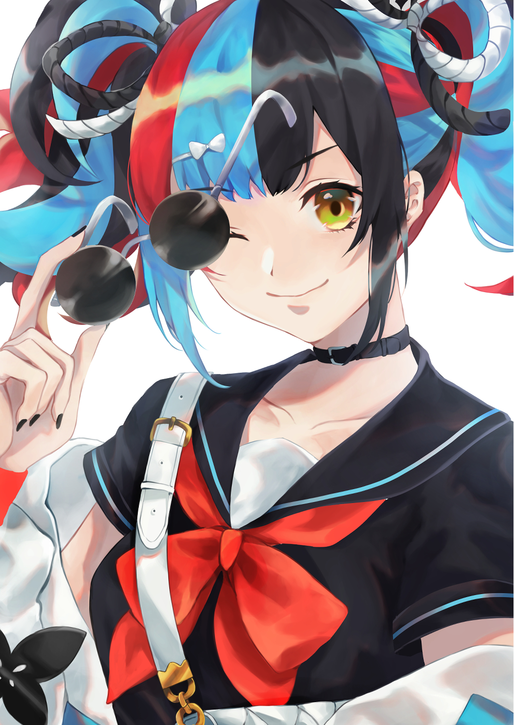 1girl black_hair black_nails black_sailor_collar black_serafuku blue_hair closed_mouth collar eyebrows_visible_through_hair fate/grand_order fate_(series) highres karen_ngao looking_at_viewer multicolored_hair nail_polish one_eye_closed red_hair sailor_collar school_uniform sei_shounagon_(fate) serafuku short_hair simple_background smile solo sunglasses twintails upper_body white_background yellow_eyes