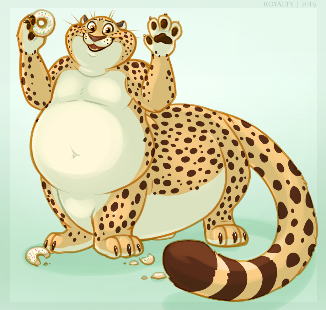 2016 4_fingers benjamin_clawhauser cheetah cheetah_taur claws crumbs digitigrade disney doughnut felid felid_taur feline feline_taur fingers food green_background holding_food holding_object looking_at_viewer mammal mammal_taur navel nude open_mouth overweight pawpads quadruped royalty_(artist) simple_background standing taur teeth text whiskers yellow_eyes zootopia