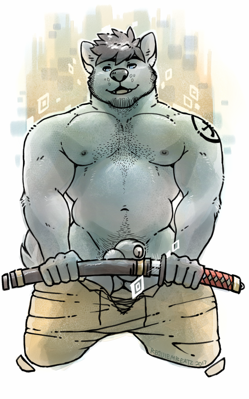 akio animal_genitalia balls beard black_penis blue_eyes canid canine canis facial_hair fangs genitals hairy hi_res katana male mammal manly melee_weapon navel nipples nude open_mouth pecs penis requiembeatz sheath sword tattoo teasing uncut warrior weapon wolf