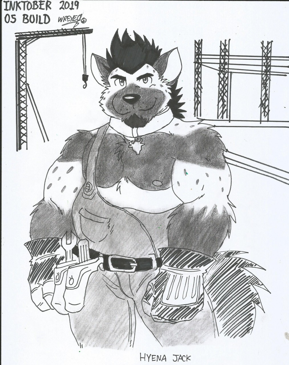 anthro builder clothed clothing construction english_text fur hi_res hyaenid hyenajack inktober ligoni male mammal musclegut muscular nipples overalls pecs simple_background solo text tools