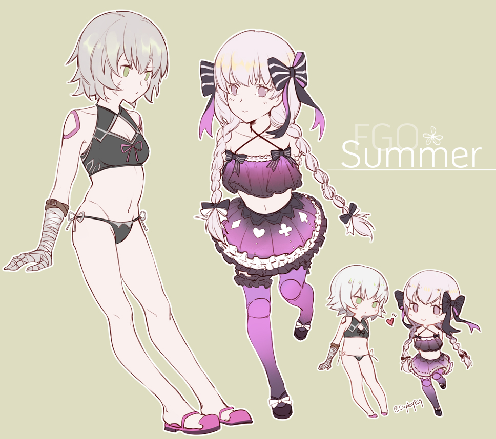 2girls alternate_costume arm_belt bandages bikini blue_eyes bow braid csyko doll_joints facial_scar fate/apocrypha fate/grand_order fate_(series) frilled_shirt frilled_skirt frills grey_hair hair_bow heart jack_the_ripper_(fate/apocrypha) midriff multiple_girls nursery_rhyme_(fate/extra) purple_eyes scar scar_on_cheek shirt short_hair skirt slippers swimsuit twin_braids white_hair