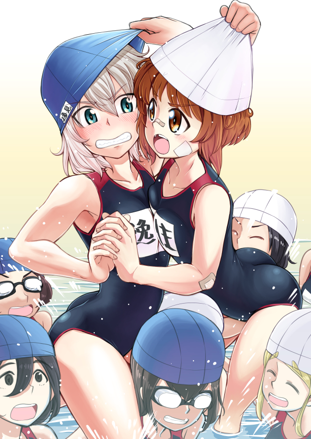 6+girls bandage_on_face bandaid bandaid_on_elbow bandaid_on_nose bangs black_eyes black_hair black_swimsuit blonde_hair blue_eyes blue_headwear brown_eyes brown_hair closed_eyes commentary droplet eyebrows_visible_through_hair face-to-face frown girls_und_panzer goggles grapple grimace hands_together interlocked_fingers itsumi_erika kibasen looking_at_another medium_hair multiple_girls name_tag nishizumi_miho one-piece_swimsuit open_mouth school_swimsuit short_hair silver_hair smile splatoon_(series) standing sutahiro_(donta) swim_cap swimming swimsuit tooth_gap water white_headwear younger