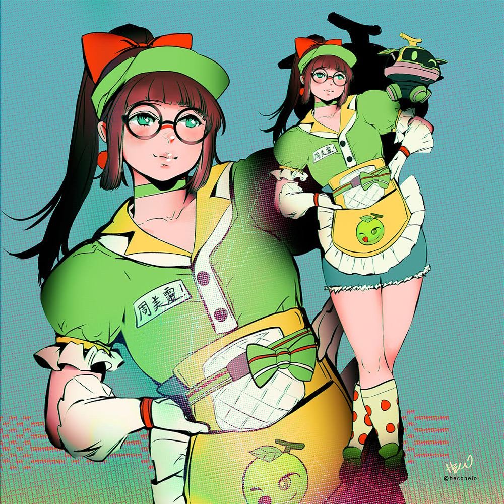 1girl bangs blunt_bangs bow brown_footwear choker drone earrings glasses gloves green_eyes green_headwear green_shirt hair_bow hands_on_hips heco_(mama) honeydew_mei jewelry long_hair mei_(overwatch) overwatch ponytail puffy_short_sleeves puffy_sleeves red_bow round_eyewear shirt shoes short_sleeves sidelocks signature snowball_(overwatch) socks solo visor_cap white_gloves