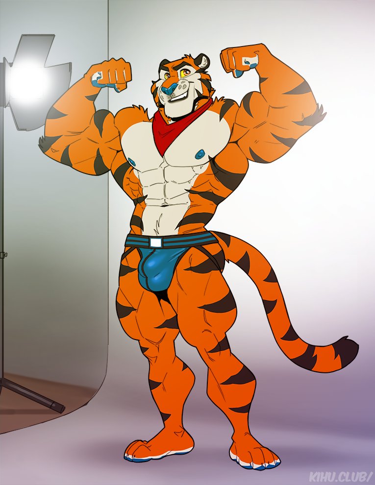 2020 4_toes 5_fingers abs anthro biceps big_muscles blue_nipples blue_nose blue_pawpads brown_eyes bulge clothed clothing felid fingers flexing frosted_flakes fur grin huge_muscles jockstrap kellogg's kihu looking_at_viewer male mammal mascot muscular muscular_male neckerchief nipples orange_body orange_fur pantherine pawpads pecs plantigrade quads smile solo standing striped_body striped_fur stripes tiger toes tony_the_tiger topless triceps underwear whiskers white_body white_fur yellow_sclera