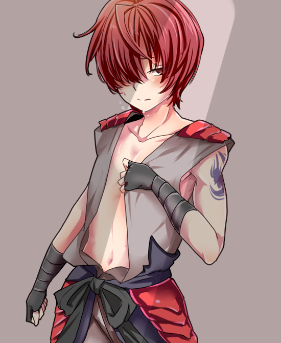 1boy bare_chest blush fate/grand_order fate_(series) fingerless_gloves fuuma_kotarou_(fate/grand_order) gloves hair_over_eyes male_focus mitsu_(nonoko05) ninja open_clothes open_shirt red_eyes red_hair shoulder_tattoo solo sweat tattoo vest