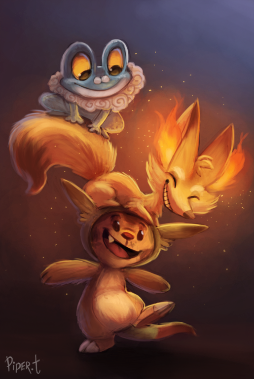 :d ^_^ brown_background chespin closed_eyes dark fang fennekin froakie full_body gen_6_pokemon happy no_humans open_mouth piper_thibodeau pokemon pokemon_on_head smile standing