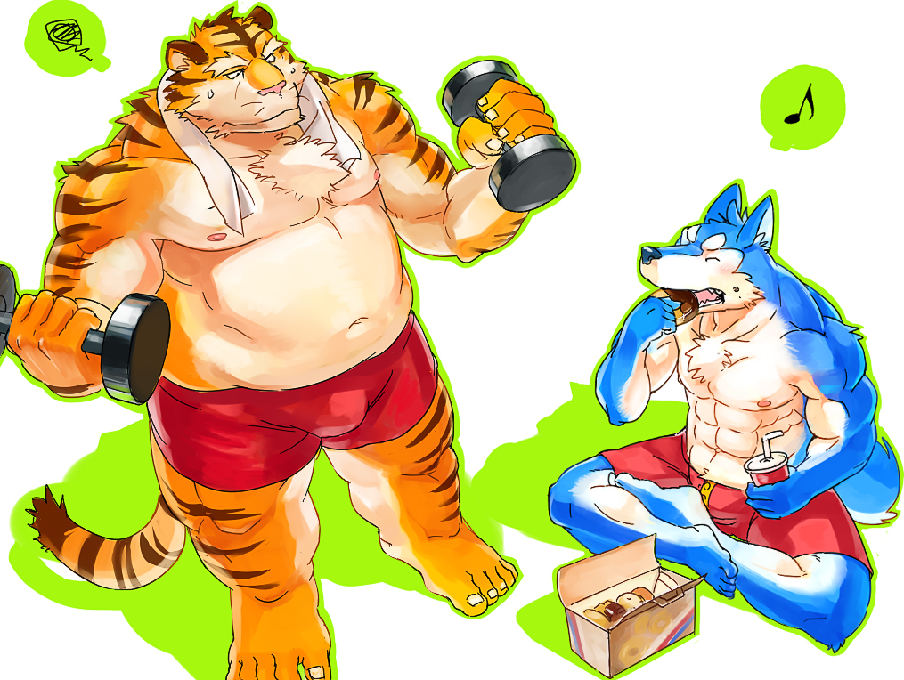 2011 anthro belly blue_body blue_fur bottomwear canid canine canis clothing domestic_dog doughnut duo eating eyes_closed felid food fur humanoid_hands kemono male mammal matotoma moobs navel nipples overweight overweight_male pantherine pink_nose shirt shorts sitting tiger topwear