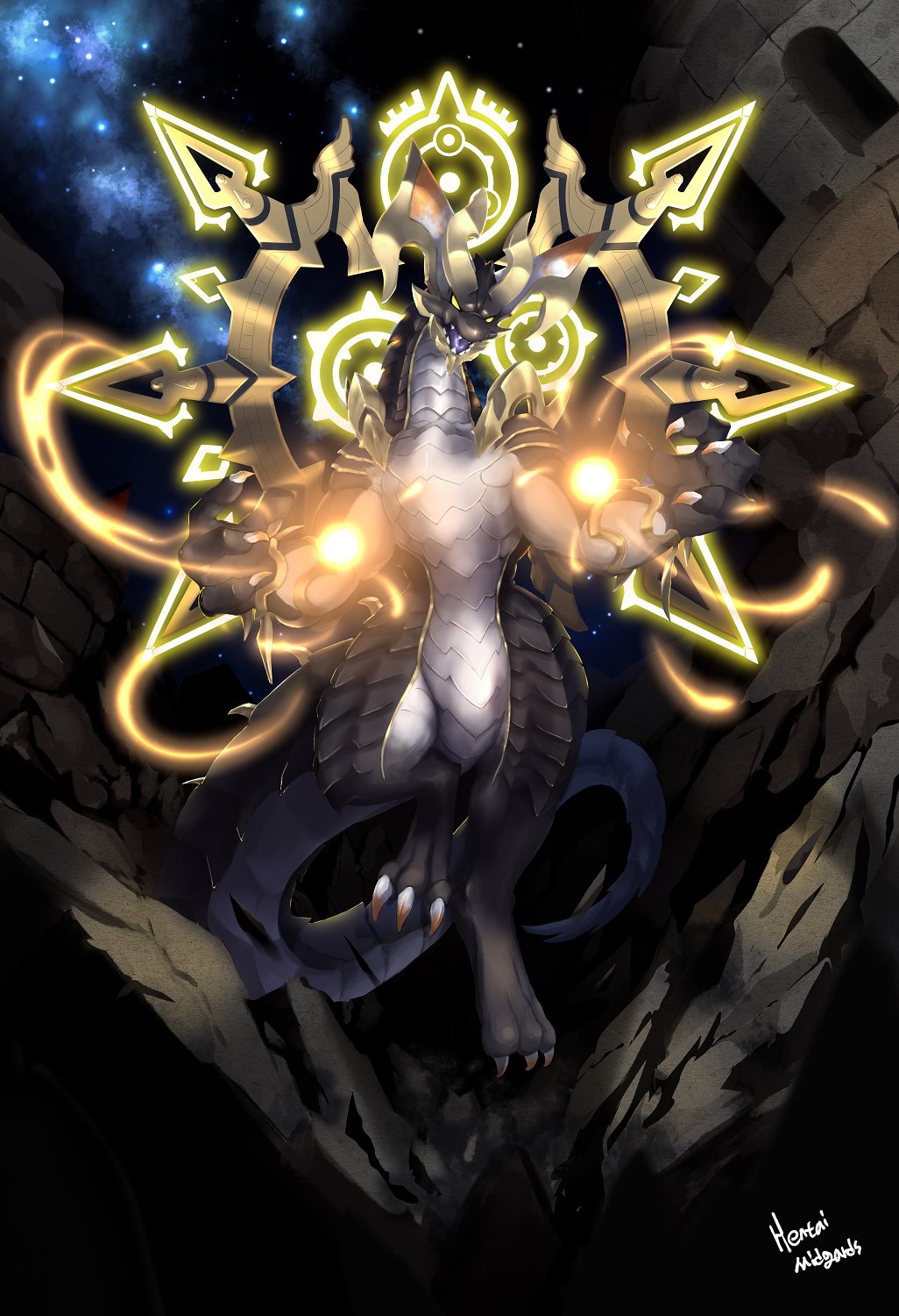 black_body black_scales chronos_(dragalia_lost) claws countershading cygames dark_background dragalia_lost dragon fangs featureless_crotch flowerdragon glowing hi_res horn looking_at_viewer male muscular nintendo scales scalie symbol thick_tail thick_thighs video_games white_body white_scales wide_hips yellow_sclera