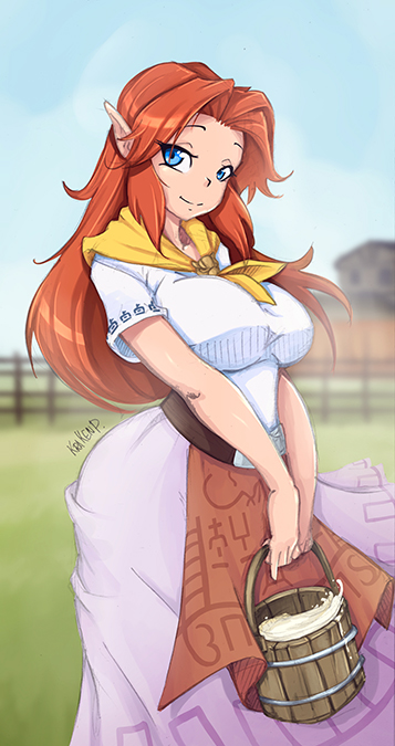 2017 big_breasts blue_eyes breasts bucket butt clothed clothing detailed_background eyebrows eyelashes female fully_clothed hair humanoid humanoid_pointy_ears hylian krakenparty long_hair looking_at_viewer malon milk nintendo not_furry ocarina_of_time red_hair sky smile solo the_legend_of_zelda thick_thighs traditional_media_(artwork) video_games watermark