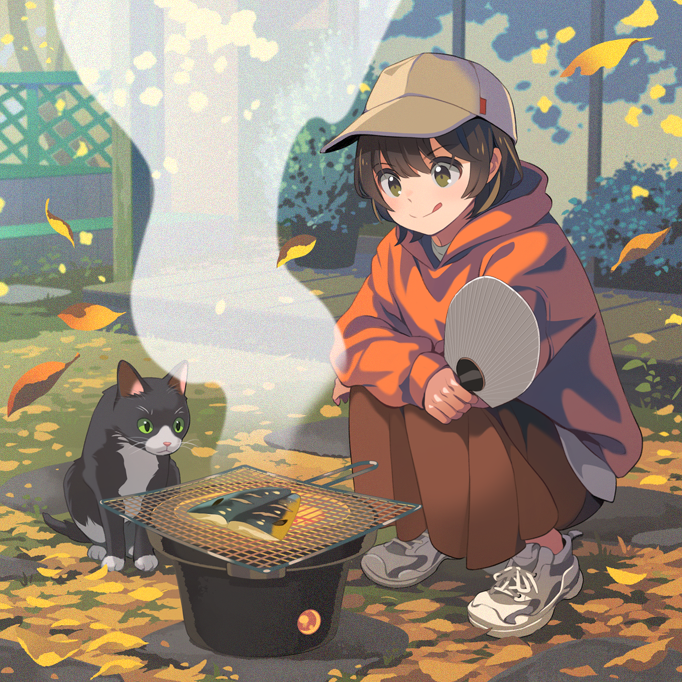 1girl :q animal autumn bangs baseball_cap bf._(sogogiching) brown_hair brown_skirt bush cat cooking crossed_arms eyebrows_visible_through_hair fan fence fish food from_side gloves green_eyes grill grilling ground hat holding holding_fan hood hood_down hoodie leaf long_skirt long_sleeves looking_down orange_hoodie original outdoors paper_fan shichirin shoes short_hair skirt smile smoke sneakers squatting tareme tongue tongue_out tree uchiwa white_footwear wind