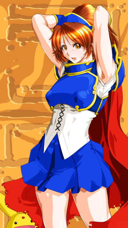 1girl arikawa arle_nadja armor armored_dress blue_skirt brown_eyes brown_hair cape commentary_request looking_at_viewer madou_monogatari open_mouth puyopuyo short_hair skirt smile solo
