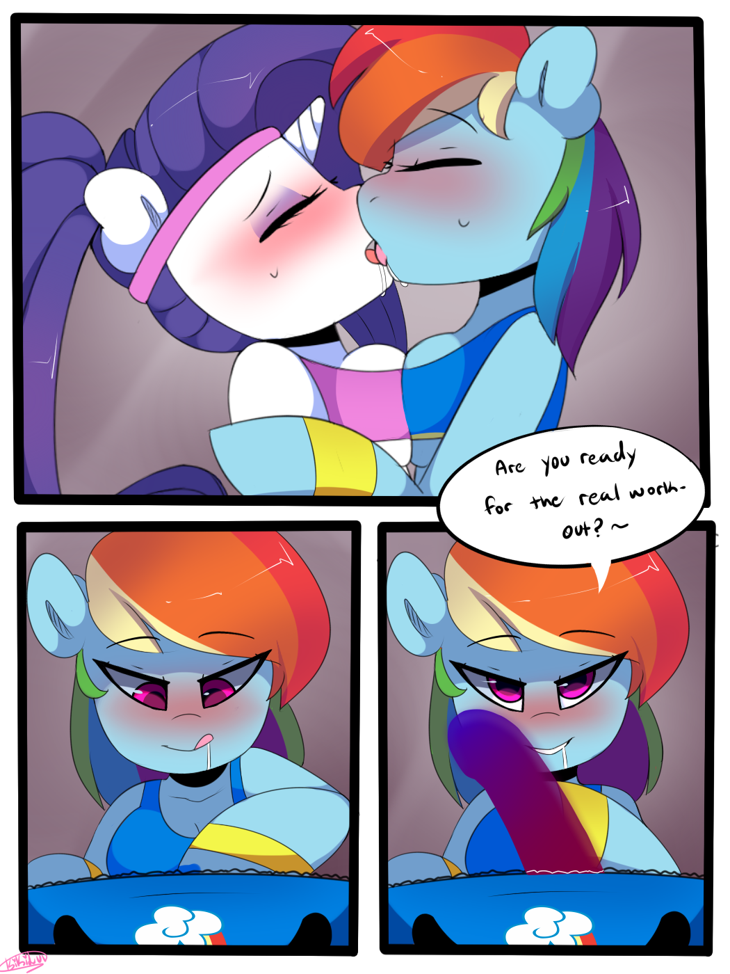 3:4 anthro blush bodily_fluids breast_squish breasts breasts_frottage comic dialogue dildo drooling equid female female/female french_kissing friendship_is_magic hi_res horn kikiluv kissing mammal my_little_pony rainbow_dash_(mlp) rarity_(mlp) saliva sex_toy squish sweat unicorn