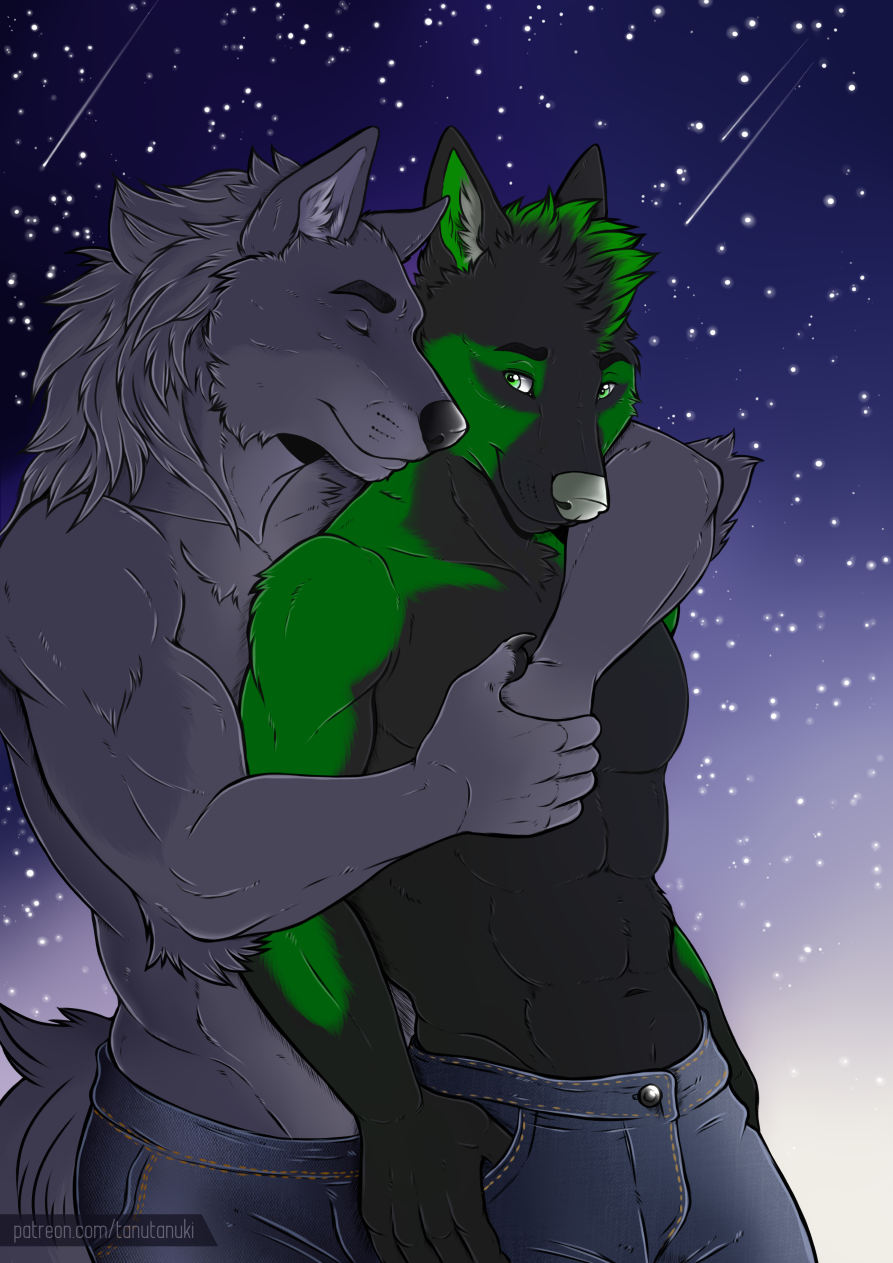 2020 anthro black_body black_fur canid canine canis clothed clothing detailed_background digital_media_(artwork) duo eyes_closed fur green_eyes green_hair hair hi_res male mammal night outside sky star starry_sky tanutanuki topless wolf