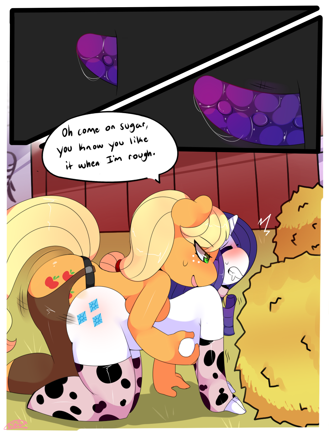 3:4 all_fours anthro anthro_on_anthro anthro_penetrated anthro_penetrating anthro_penetrating_anthro applejack_(mlp) big_breasts blush bodily_fluids breast_grab breasts clothing comic dialogue dildo equid female female/female female_penetrated female_penetrating female_penetrating_female freckles friendship_is_magic hand_on_breast hi_res horn kikiluv legwear mammal my_little_pony penetration rarity_(mlp) sex_toy strapon sweat thigh_highs unicorn