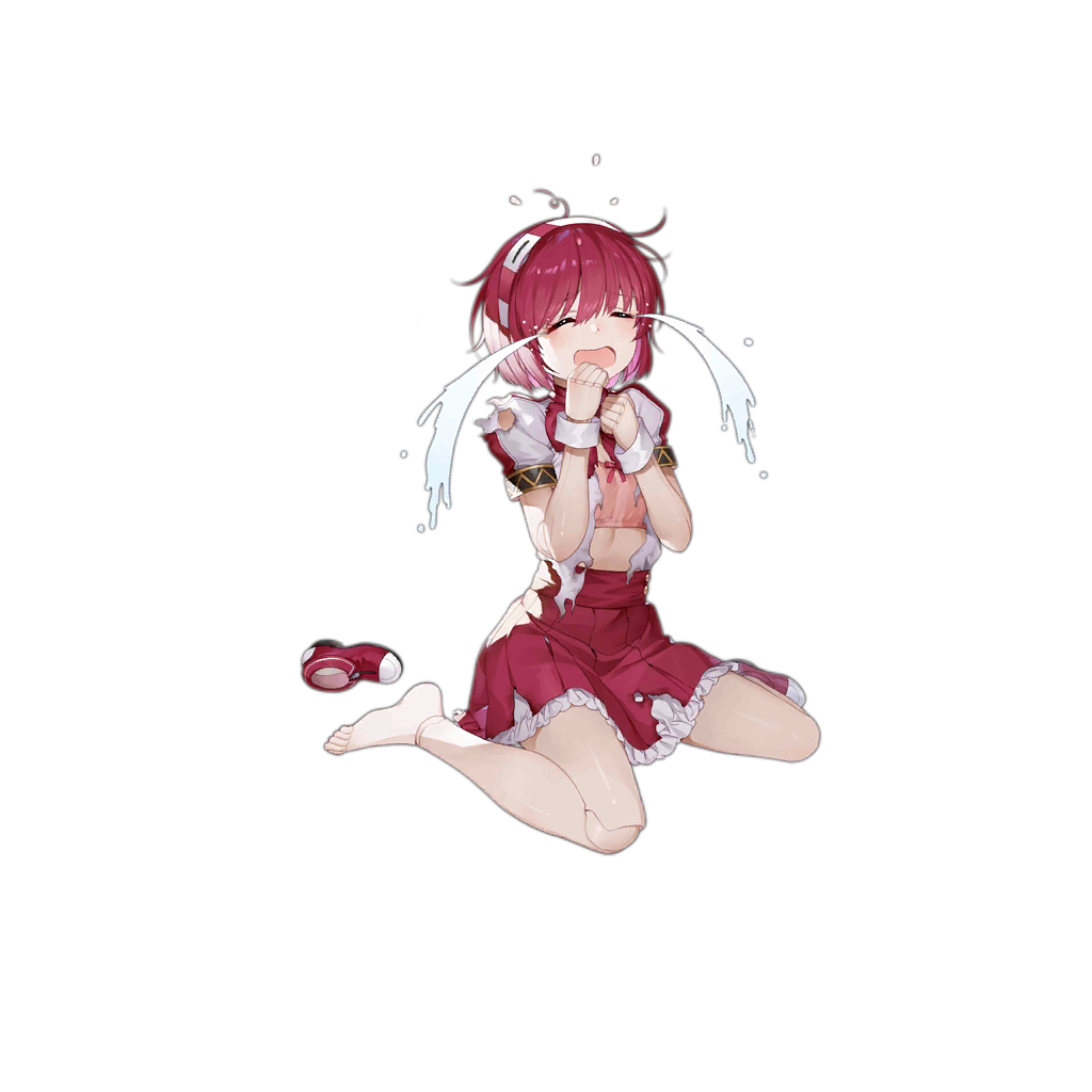 1girl bangs cinderella_bust closed_eyes crying dorothy_haze eyebrows_visible_through_hair full_body girls_frontline haijin official_art open_mouth pink_hair pleated_skirt puffy_short_sleeves puffy_sleeves red_footwear red_skirt robot robot_joints shirt shoes short_hair short_sleeves single_shoe sitting skirt solo torn_clothes torn_shirt transparent_background va-11_hall-a wariza white_shirt