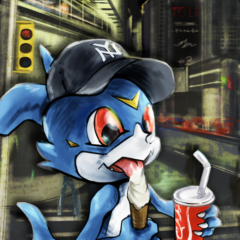 1:1 2020 4_fingers beverage blue_body building city claws clothing cola dessert digimon digimon_(species) eating fingers food hat headgear headwear ice_cream kloa_(artist) male markings open_mouth red_eyes reptile scalie solo traffic_signals veemon