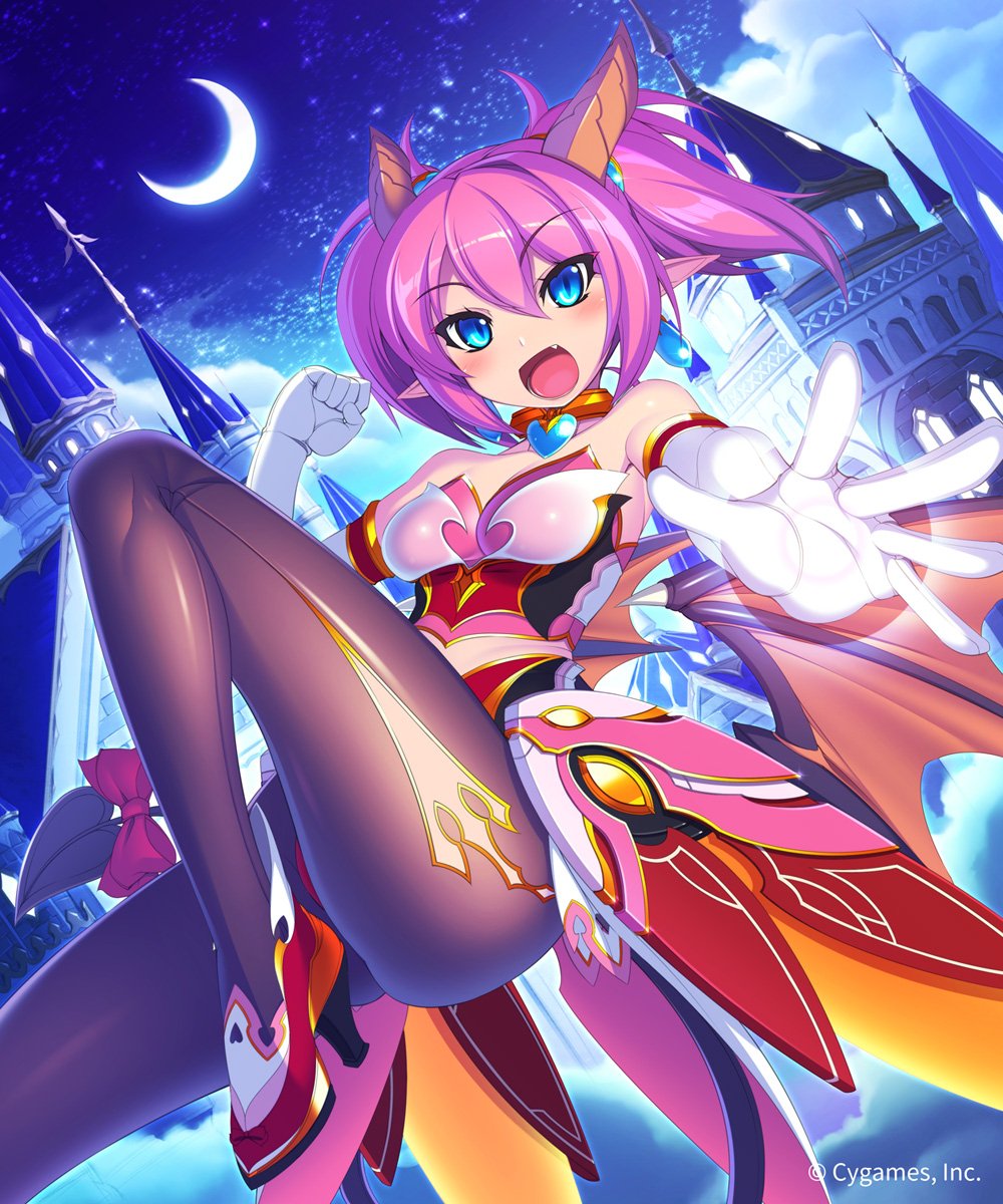 1girl :d bare_shoulders bat_wings black_legwear blue_eyes blush bow breasts bustier castle choker clenched_hand copyright_name cygames demon_girl demon_tail dutch_angle earrings elbow_gloves fang faulds full_moon gloves headgear heart high_heels highres jewelry leg_up legs lilim_(shingeki_no_bahamut) long_legs looking_at_viewer magic mel/a moon night night_sky open_mouth pink_hair pink_theme pointy_ears shingeki_no_bahamut short_twintails sky small_breasts smile solo succubus tail tail_bow thighhighs thighs tsurime twintails watermark white_gloves wings