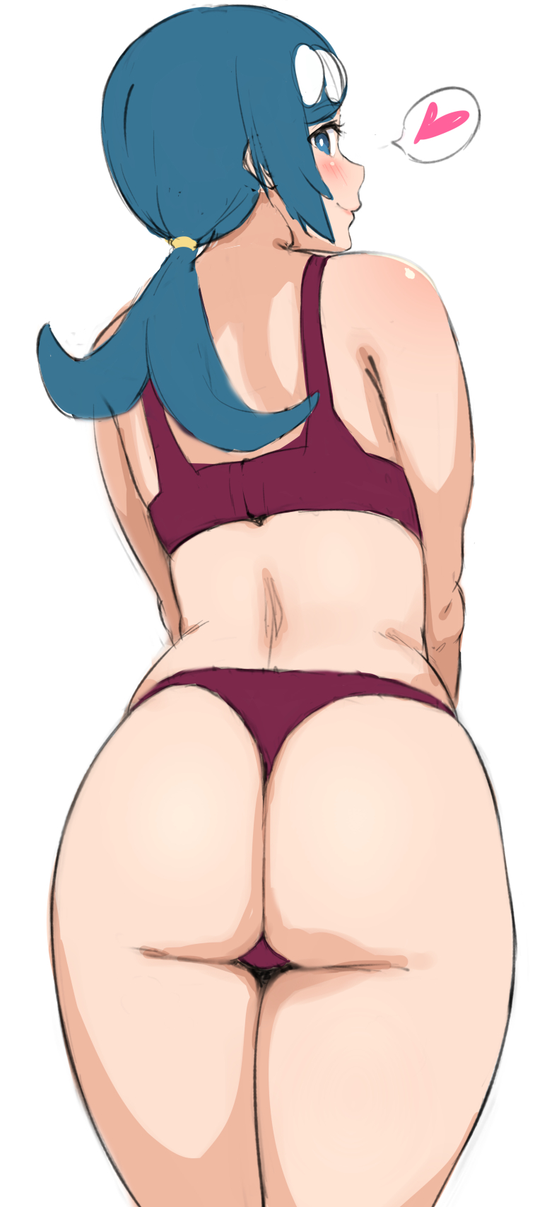 1girl ass blue_eyes blue_hair blush bra commentary_request cowboy_shot heart highres long_hair looking_at_viewer looking_back mature mhs panties pokemon pokemon_(anime) pokemon_sm_(anime) ponytail simple_background sketch solo spoken_heart suiren's_mother_(pokemon) underwear underwear_only white_background