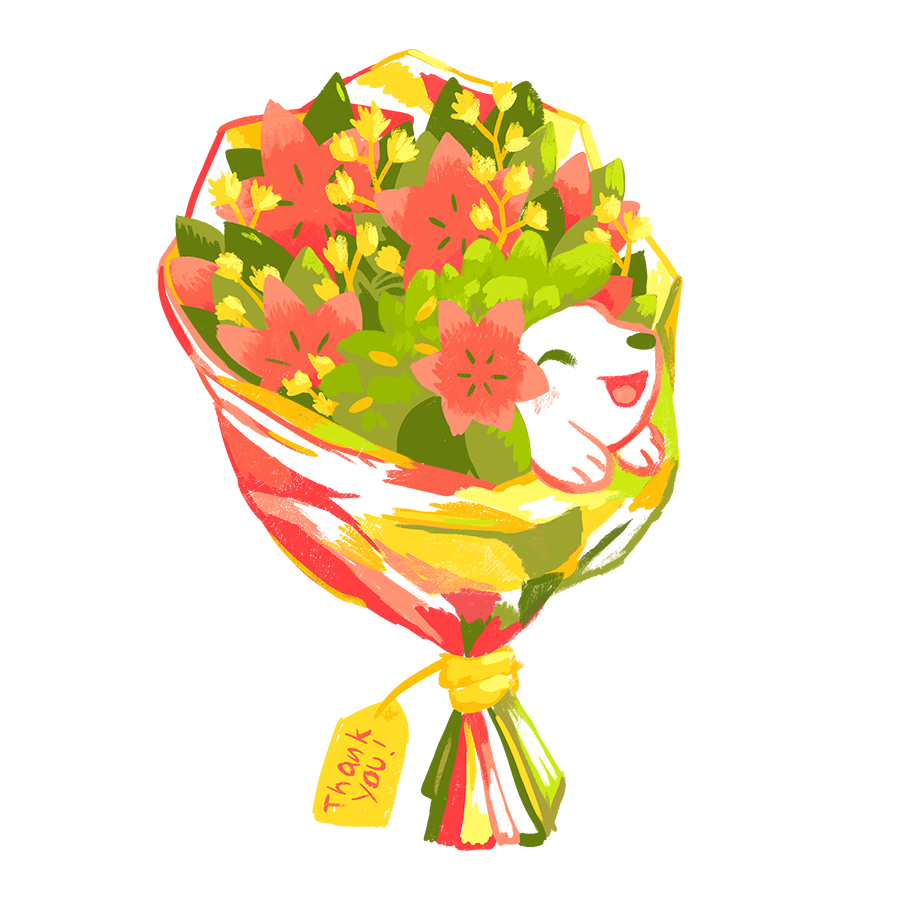 :d ^_^ bouquet closed_eyes commentary english_commentary flower gracidea kc_art open_mouth pokemon shaymin simple_background smile solo thank_you white_background