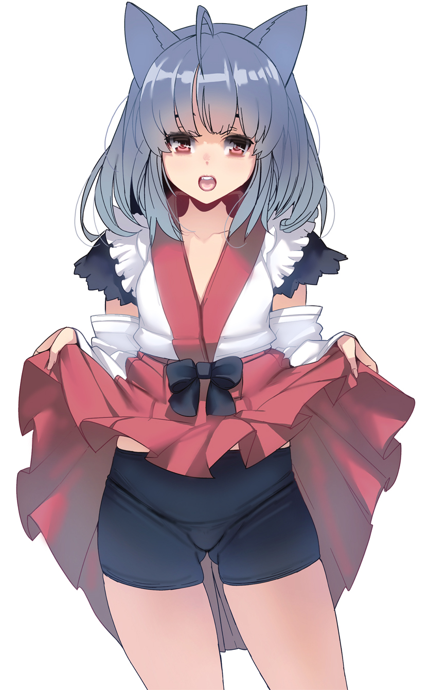 1girl ahoge animal_ears bangs bike_shorts blunt_bangs detached_sleeves grey_hair hakama hakama_lift highres japanese_clothes lifted_by_self looking_at_viewer masao nontraditional_miko open_mouth original red_eyes revision simple_background skirt skirt_lift solo standing white_background