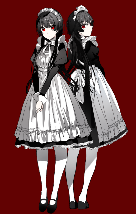 1girl apron back_bow black_dress black_footwear black_hair bow bowtie closed_mouth commentary dress expressionless eyebrows_visible_through_hair frame frilled_dress frills from_side full_body hands_together juliet_sleeves long_hair long_sleeves looking_at_viewer maid maid_apron maid_dress maid_headdress mary_janes multiple_views naru_(ul) open_mouth original pale_skin pantyhose parted_lips puffy_sleeves red_background red_eyes shoes simple_background standing v_arms very_long_hair white_legwear white_neckwear wing_collar