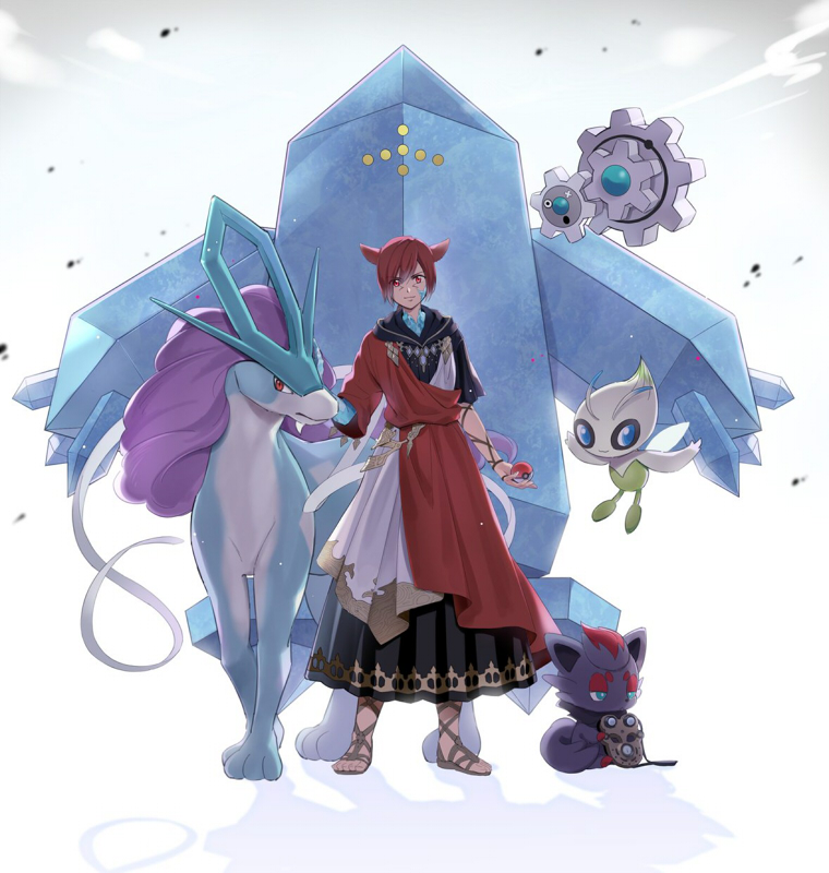 1boy animal_ears babape blue_eyes brown_hair cat_ears crossover crystal dress final_fantasy final_fantasy_xiv floating_hair full_body g'raha_tia gen_2_pokemon gen_3_pokemon gen_5_pokemon height_difference holding holding_mask holding_poke_ball klink looking_at_viewer male_focus mask miqo'te petting poke_ball poke_ball_(generic) pokemon pokemon_(creature) red_eyes regice sandals short_hair spoilers standing suicune toes zorua