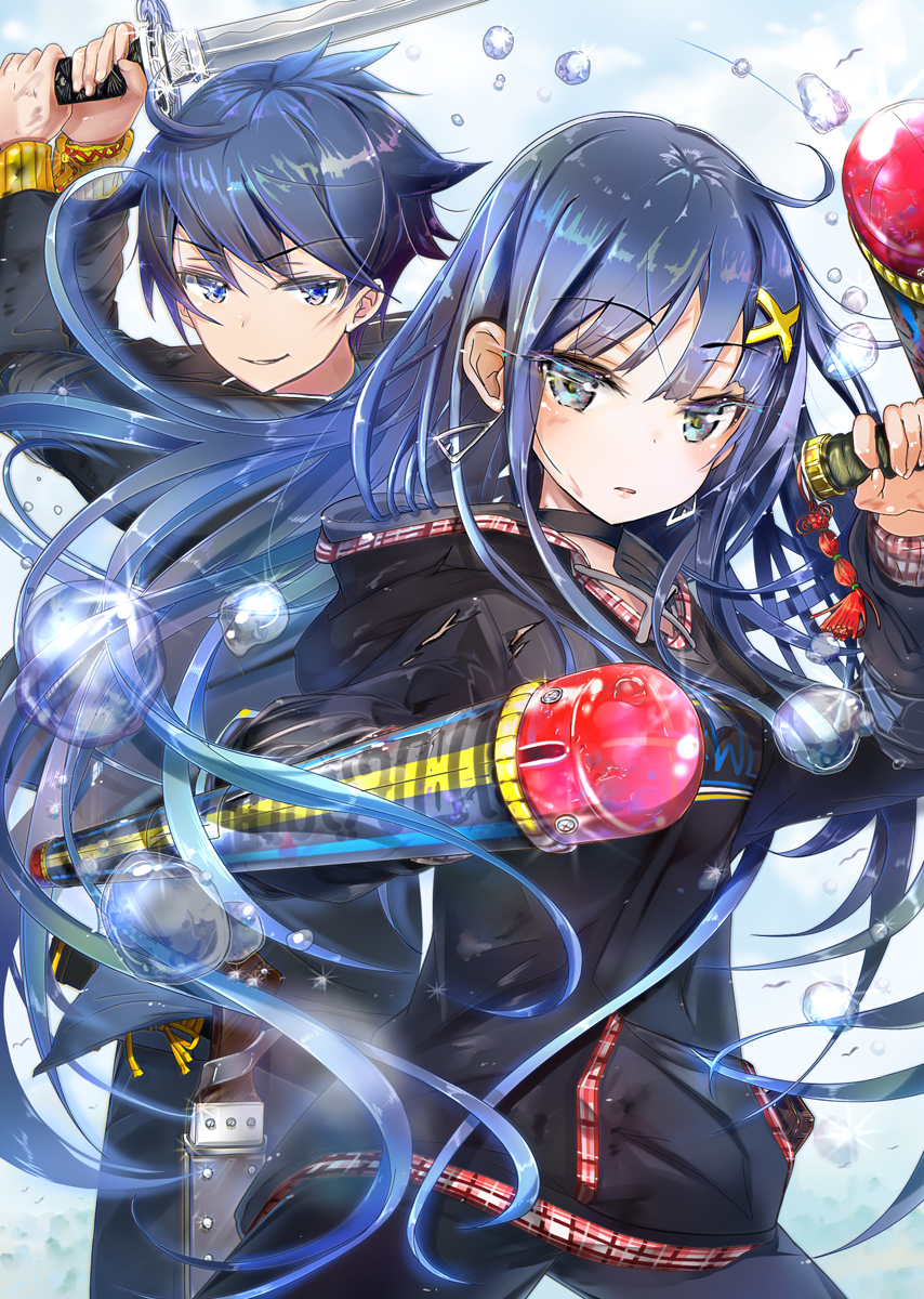 1boy 1girl ahoge arms_up bangs black_jacket black_pants blue_eyes blue_hair blush breasts brother_and_sister commentary_request copyright_request dual_wielding earrings eyebrows_visible_through_hair glint hair_ornament highres holding holding_sword holding_weapon jacket jewelry katana keepout long_hair long_sleeves looking_at_viewer pants parted_lips siblings small_breasts smile sword tonfa two-handed v-shaped_eyebrows very_long_hair water_drop weapon x_hair_ornament