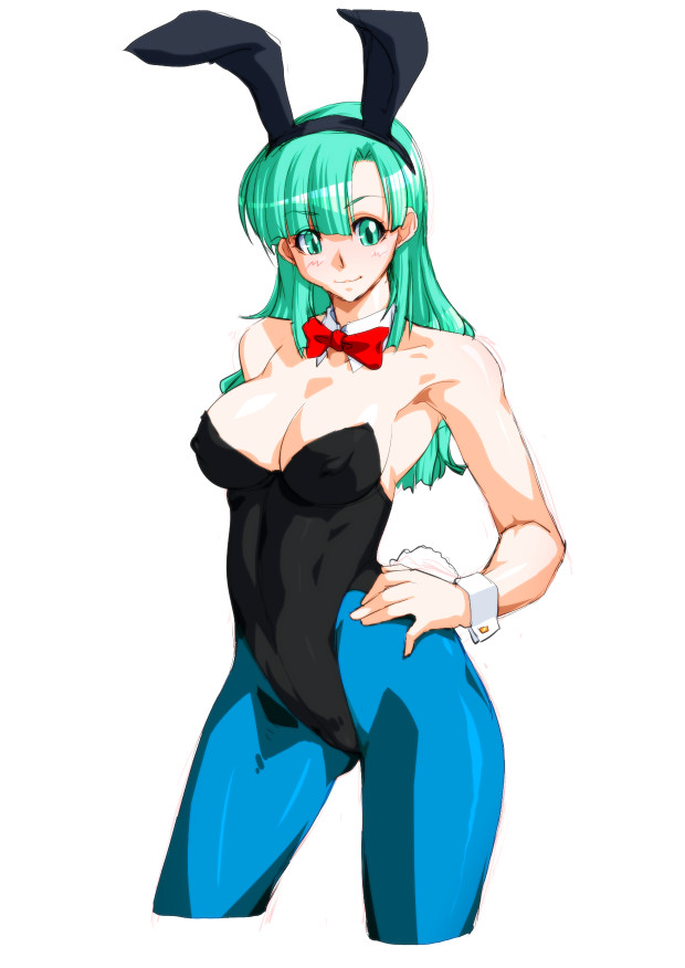 1girl animal_ears arikawa blue_eyes blue_hair breasts bulma bunny_ears bunny_girl bunnysuit cleavage closed_mouth dragon_ball dragon_ball_(classic) long_hair looking_at_viewer simple_background smile solo white_background