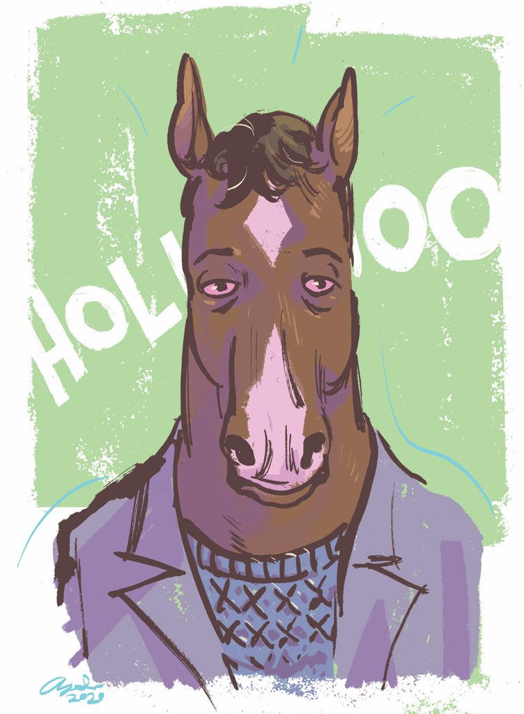 2020 anthro bojack_horseman bojack_horseman_(character) clothing equid equine facial_markings head_markings hollywood horse jacket looking_at_viewer mammal markings netflix paul_azaceta red_eyes signature sweater topwear