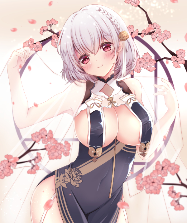 1girl armpits azur_lane bangs bare_shoulders blush braid breast_curtains breasts cherry_blossoms china_dress chinese_clothes cleavage closed_mouth commentary_request covered_navel dress flower garter_straps grey_dress hair_between_eyes hair_flower hair_ornament large_breasts looking_at_viewer neckwear_between_breasts partial_commentary pelvic_curtain red_eyes revealing_clothes sakura_(ichisakupink) see-through_sleeves short_hair side_braid side_slit sideboob silver_hair sirius_(azur_lane) sirius_(azure_horizons)_(azur_lane) smile solo two-tone_dress